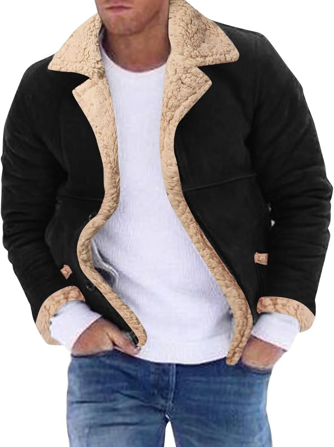 QWENTMTNTY Men Vintage Sherpa Jacket Faux Leather Suede Winter Bomber Jackets Big Tall Heavyweight Fur Shearling Overcoat