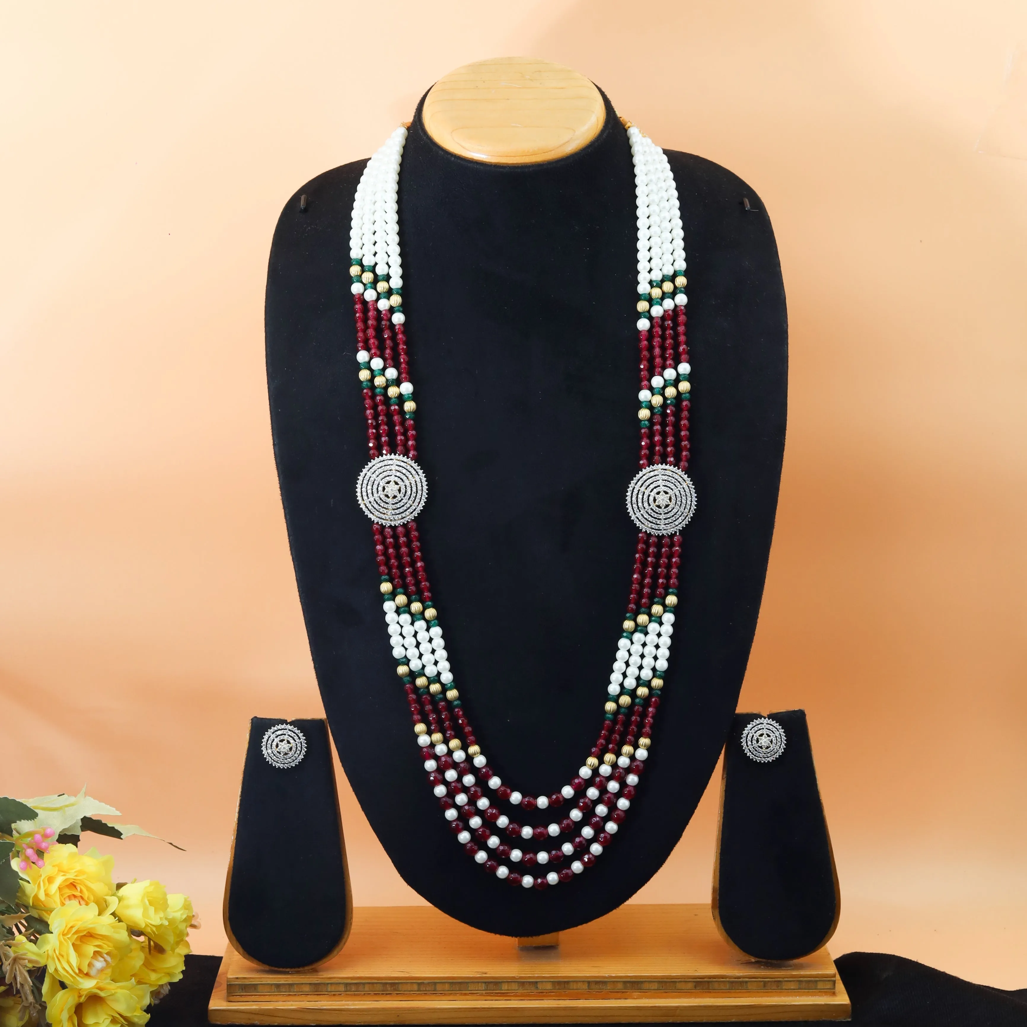 Ruby Green Zircon/AD Pearl Long Necklace Set 2540-6605