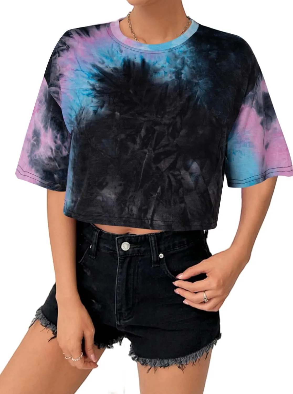 SOFIA'S CHOICE Tie Dye Crop Tops for Women Loose Fit Summer Short Sleeve T Shirt Boxy Cropped Tees