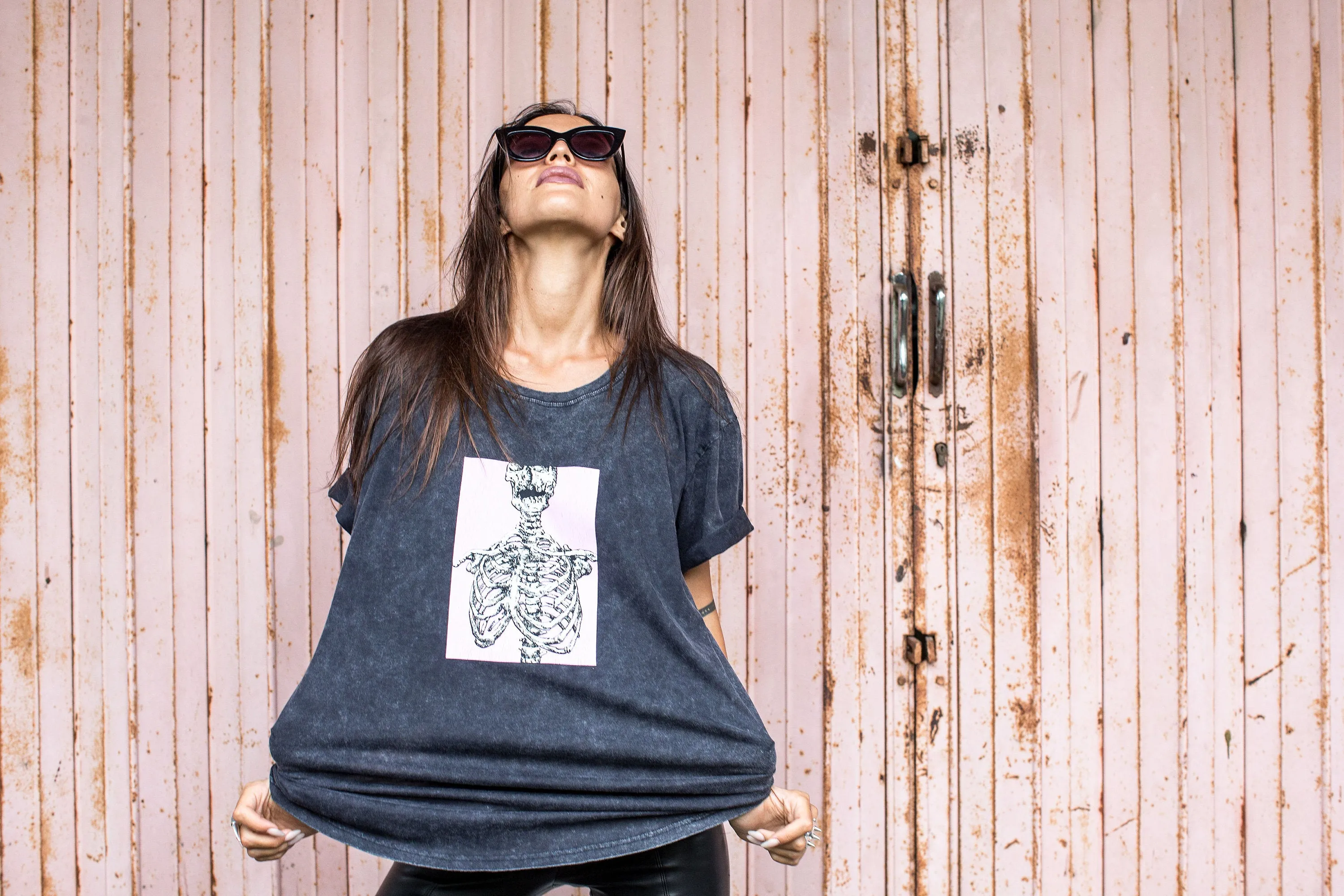 The Ghastly Pink Distressed Unisex Boxy Skeleton Tee Shirt