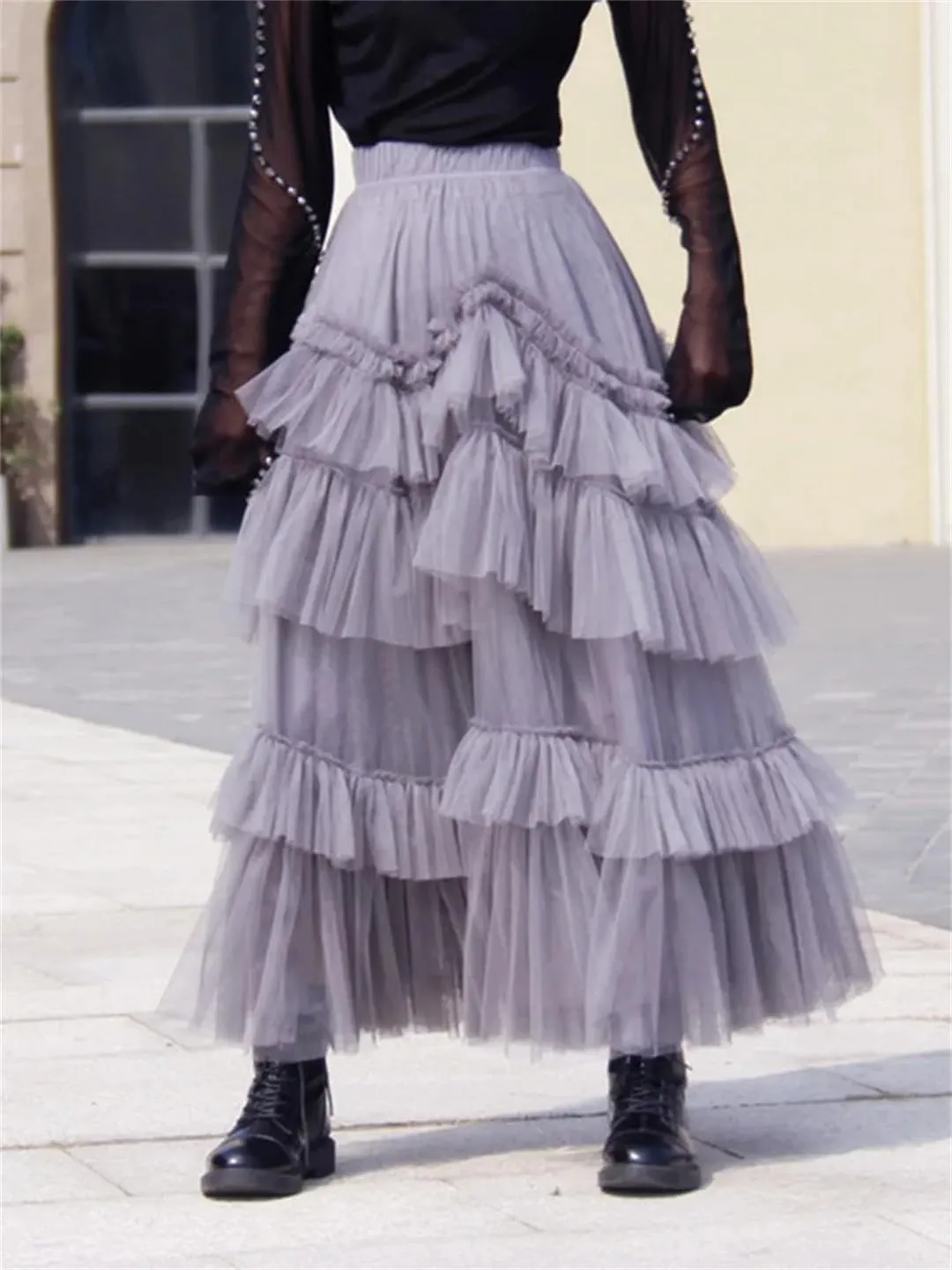 Wjnvfioo Fashion Gauze Mesh Skirt for Women Ruffles Multilayers Long Skirts Female Party Wedding Clothing