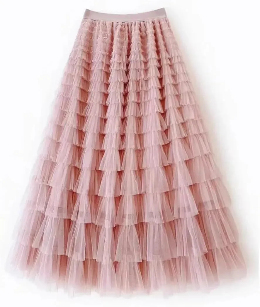 Women Boho High Waist Long Maxi Tulle Skirt Spring Summer Party Women's Multilayer Ruffle Mesh Skirt
