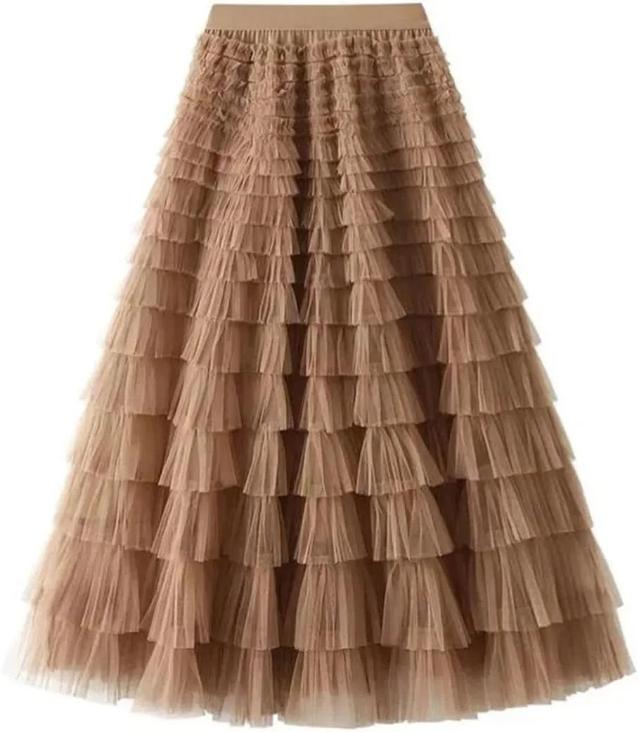 Women Boho High Waist Long Maxi Tulle Skirt Spring Summer Party Women's Multilayer Ruffle Mesh Skirt