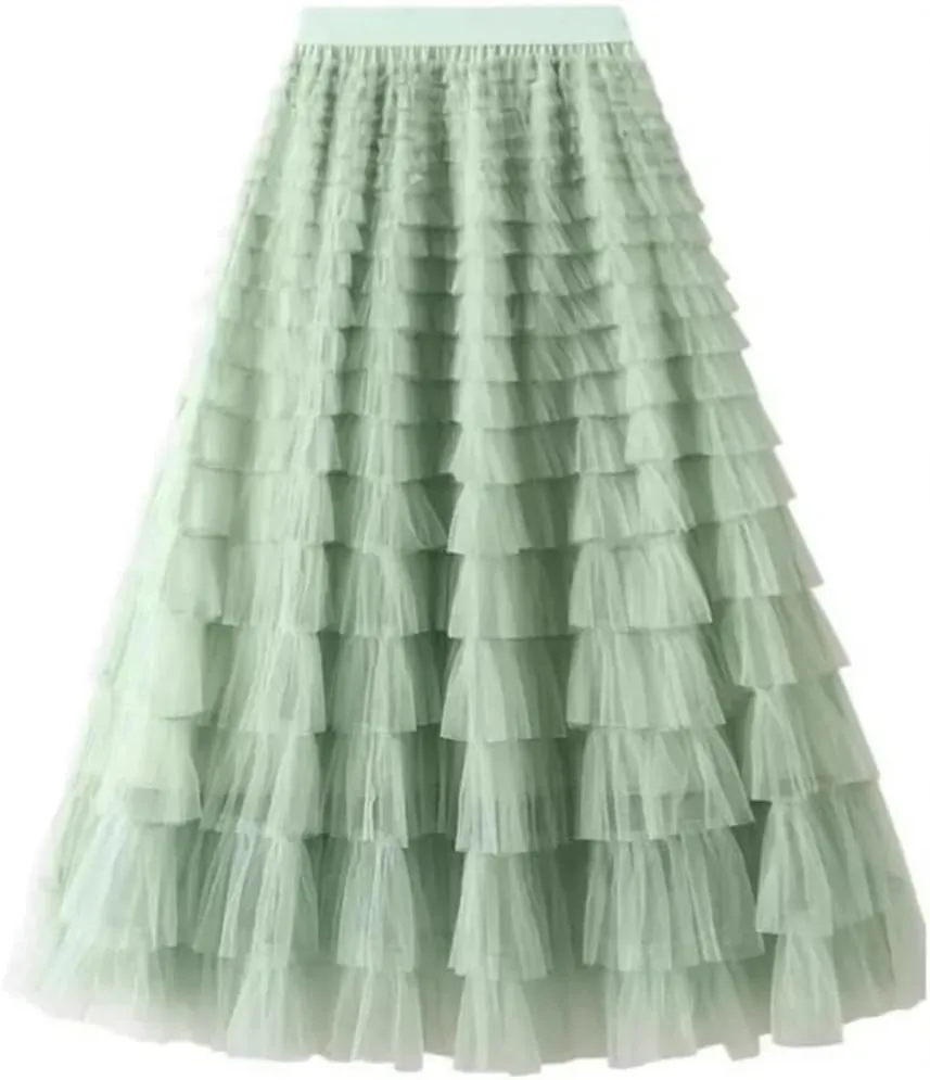 Women Boho High Waist Long Maxi Tulle Skirt Spring Summer Party Women's Multilayer Ruffle Mesh Skirt