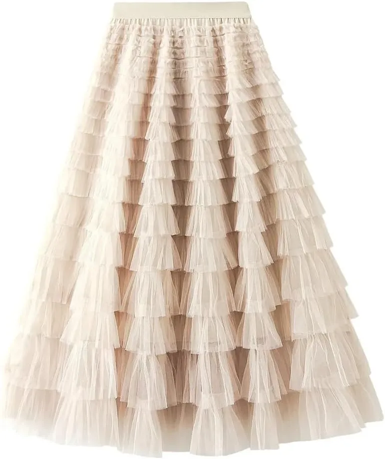 Women Boho High Waist Long Maxi Tulle Skirt Spring Summer Party Women's Multilayer Ruffle Mesh Skirt