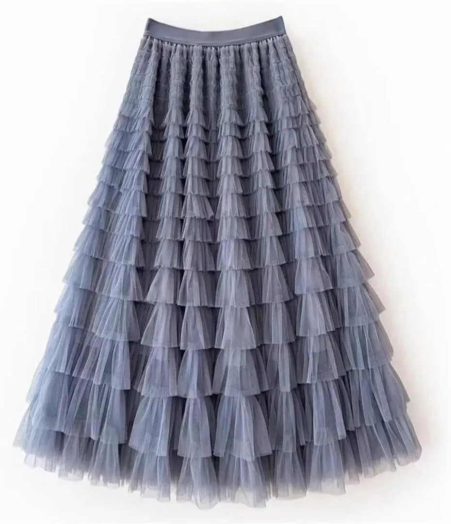 Women Boho High Waist Long Maxi Tulle Skirt Spring Summer Party Women's Multilayer Ruffle Mesh Skirt