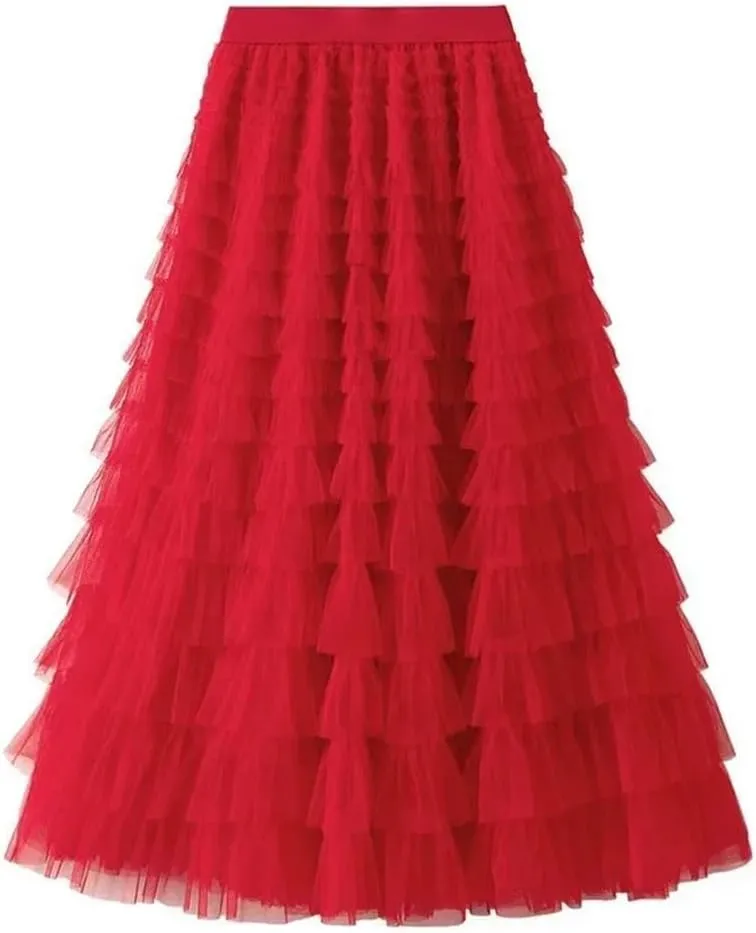 Women Boho High Waist Long Maxi Tulle Skirt Spring Summer Party Women's Multilayer Ruffle Mesh Skirt