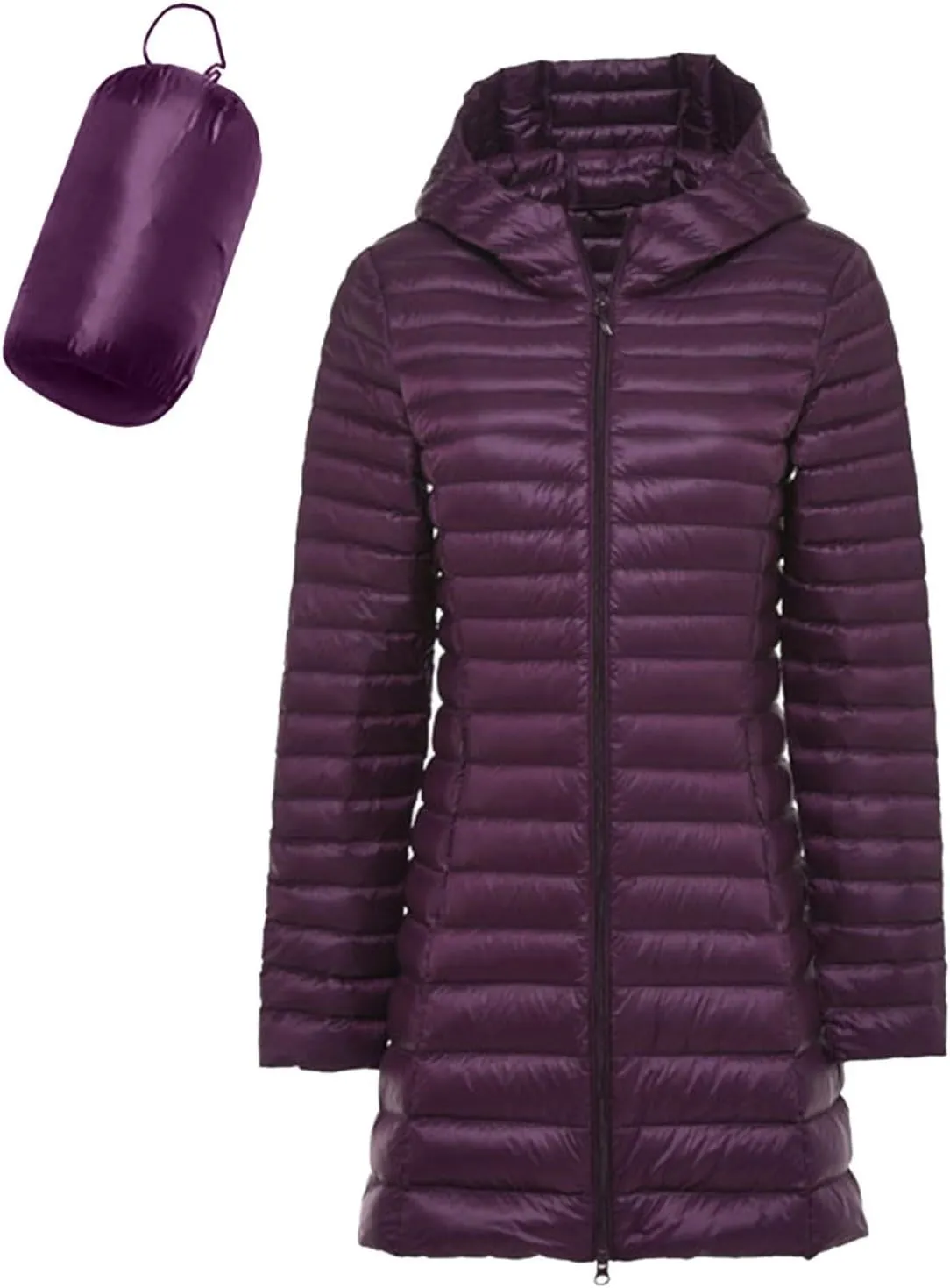 Women Lightweight Down Puffer Coat, Women Hooded Mid-Length Packable Winter Jacket Plus Size Winter Jacket with Packing Bag