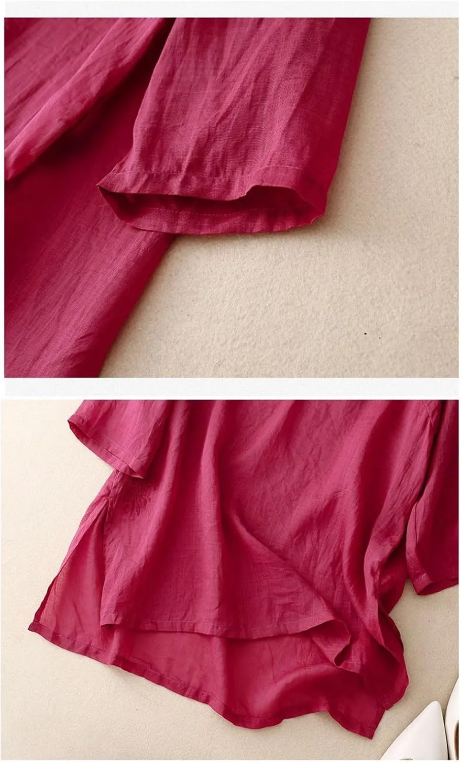 Women's Casual Cotton Linen Tshirt 3/4 Length Sleeve Shirt V-Neck Button Down Blouse Tops Vintage Embroidered Shirts