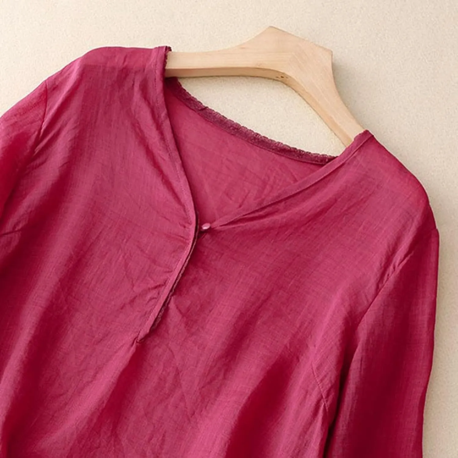 Women's Casual Cotton Linen Tshirt 3/4 Length Sleeve Shirt V-Neck Button Down Blouse Tops Vintage Embroidered Shirts