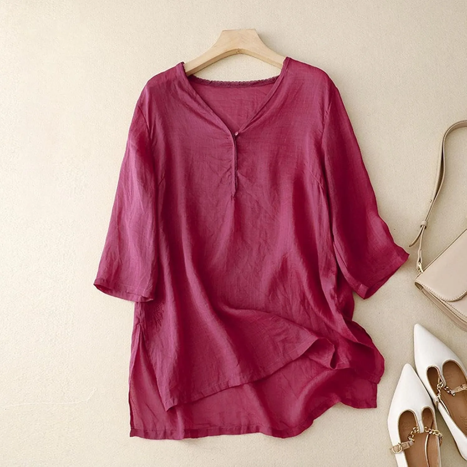 Women's Casual Cotton Linen Tshirt 3/4 Length Sleeve Shirt V-Neck Button Down Blouse Tops Vintage Embroidered Shirts