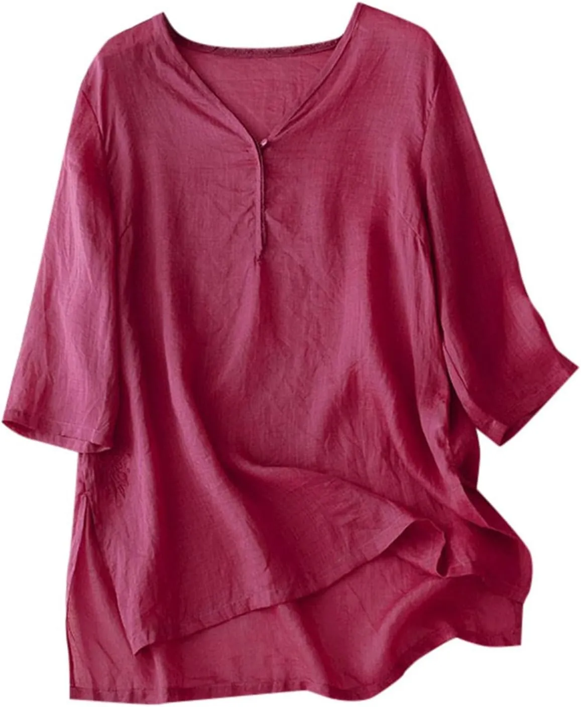 Women's Casual Cotton Linen Tshirt 3/4 Length Sleeve Shirt V-Neck Button Down Blouse Tops Vintage Embroidered Shirts