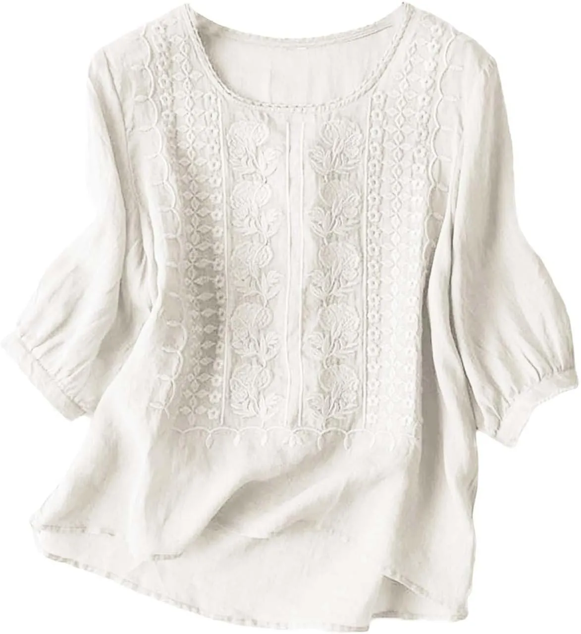 Women's Cute Crew Neck Cotton Linen Shirts Casual Boho Embroidered Floral Beach Tshirts Short Sleeve Loose Basic Tops