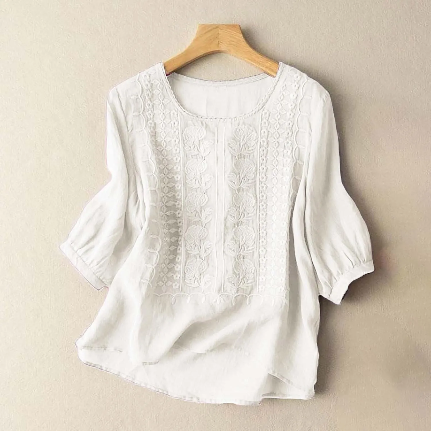 Women's Cute Crew Neck Cotton Linen Shirts Casual Boho Embroidered Floral Beach Tshirts Short Sleeve Loose Basic Tops