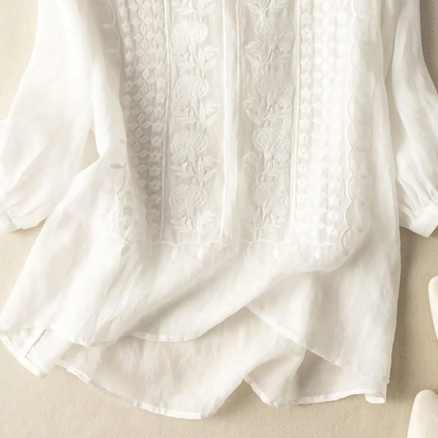 Women's Cute Crew Neck Cotton Linen Shirts Casual Boho Embroidered Floral Beach Tshirts Short Sleeve Loose Basic Tops