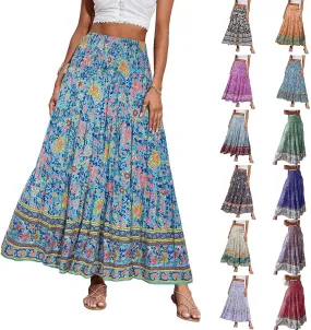 Women's Fashion Maxi Skirts Solid Color Beach High Waist Bohemian A-Line Layered Halter Flowy Skirt