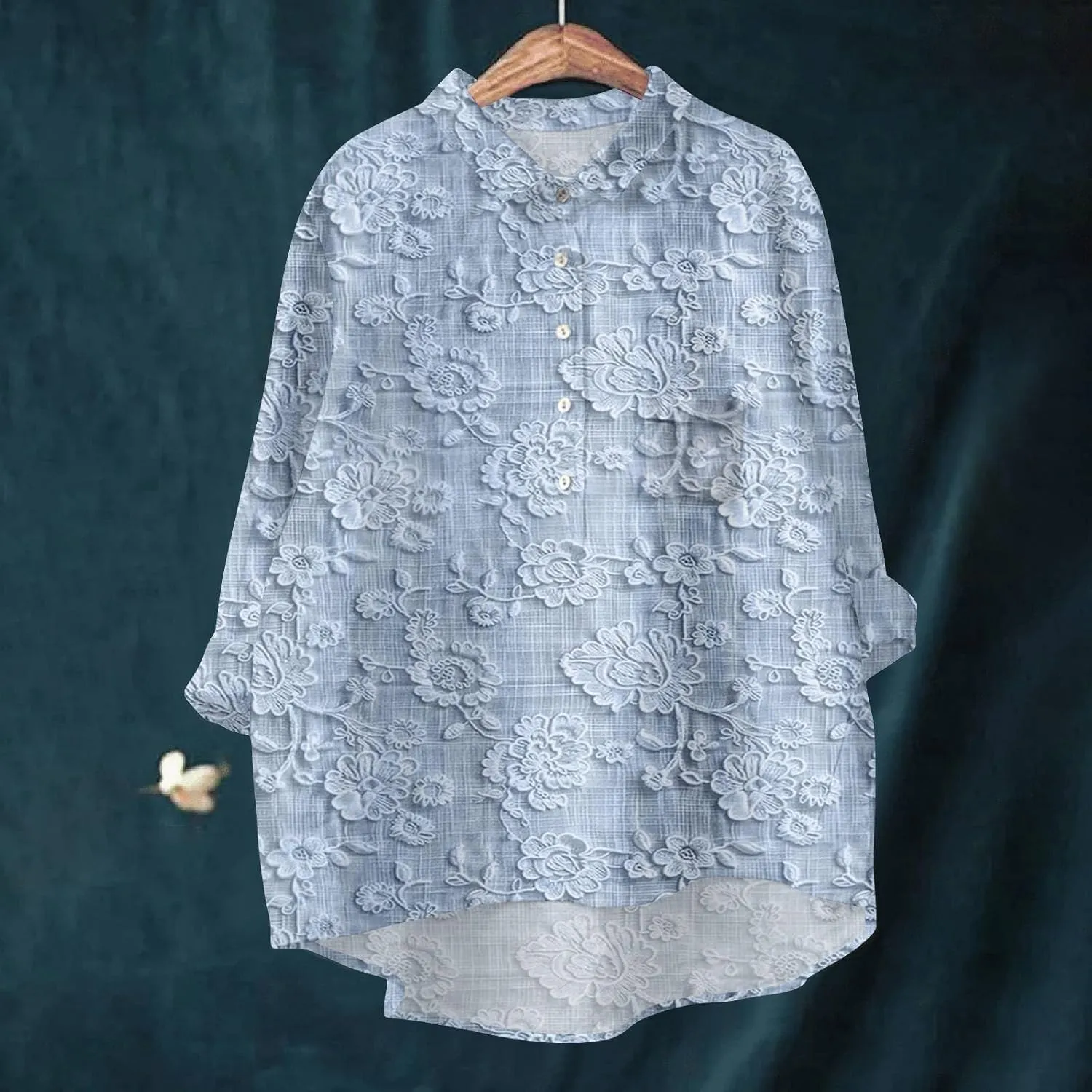Women's Floral Embroidered Lace Printed Round Neck Long Sleeve Autumn Fragrance Vintage Shirt Tennis