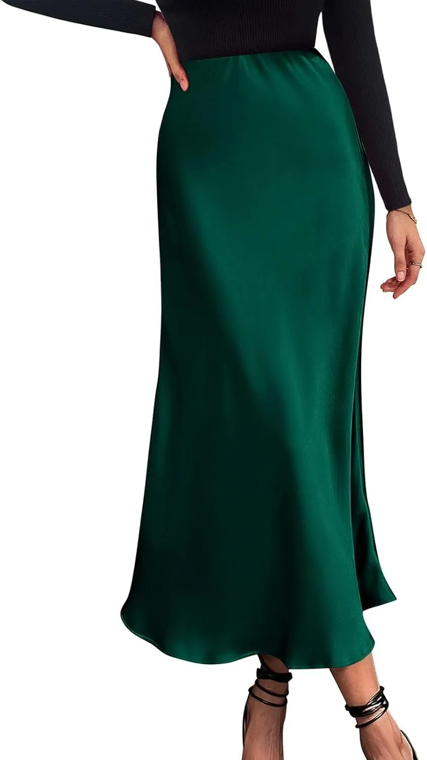 Womens Satin Maxi Skirts Summer Casual Silk Elastic High Waisted Skirt Fashion Flowy Solid Color Flared A-Line Skirt
