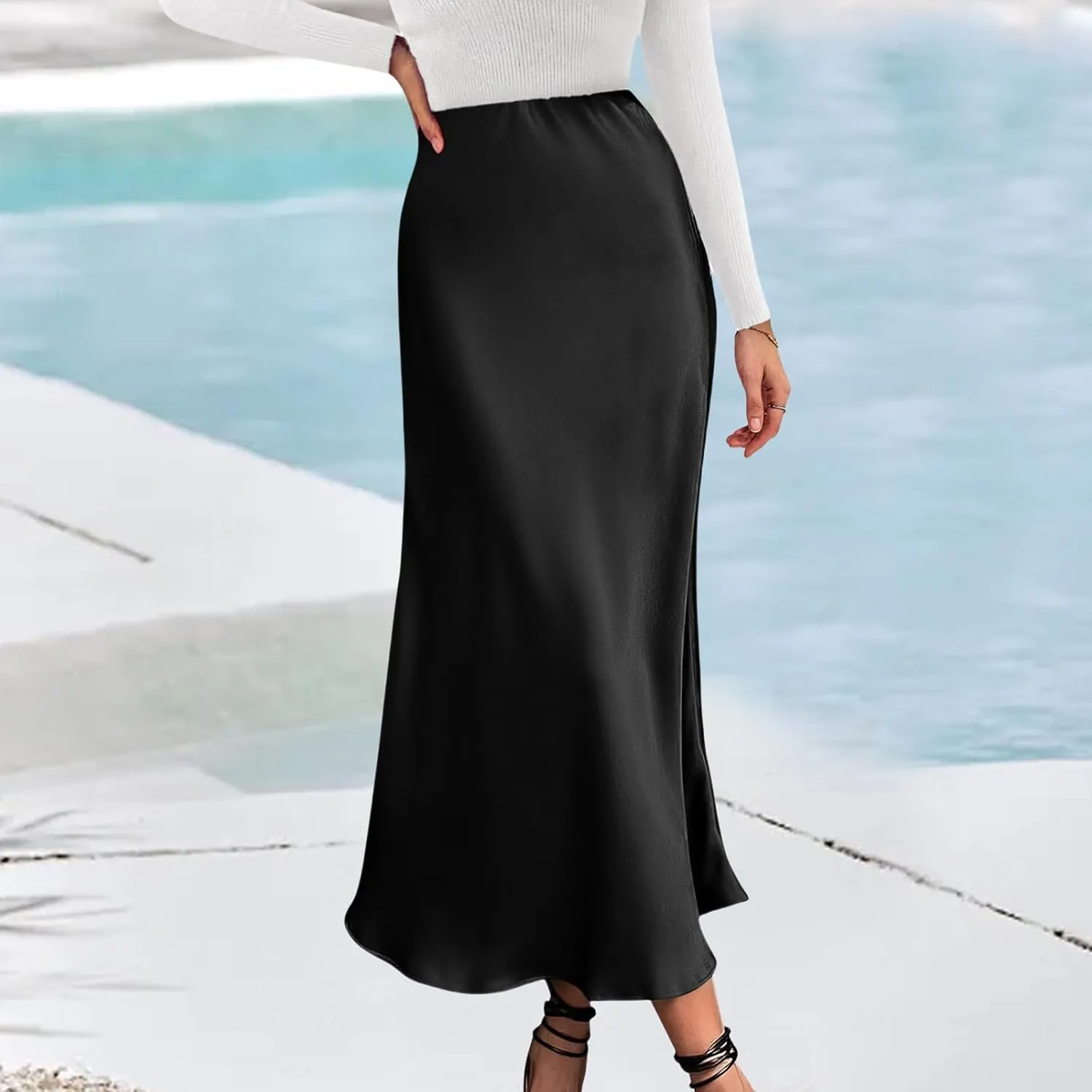 Womens Satin Maxi Skirts Summer Casual Silk Elastic High Waisted Skirt Fashion Flowy Solid Color Flared A-Line Skirt