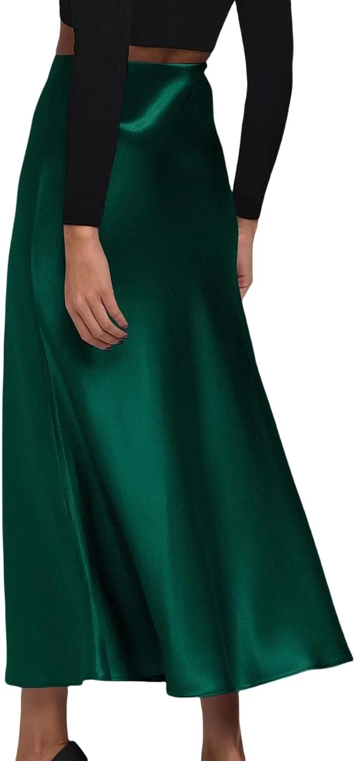 Womens Satin Maxi Skirts Summer Casual Silk Elastic High Waisted Skirt Fashion Flowy Solid Color Flared A-Line Skirt