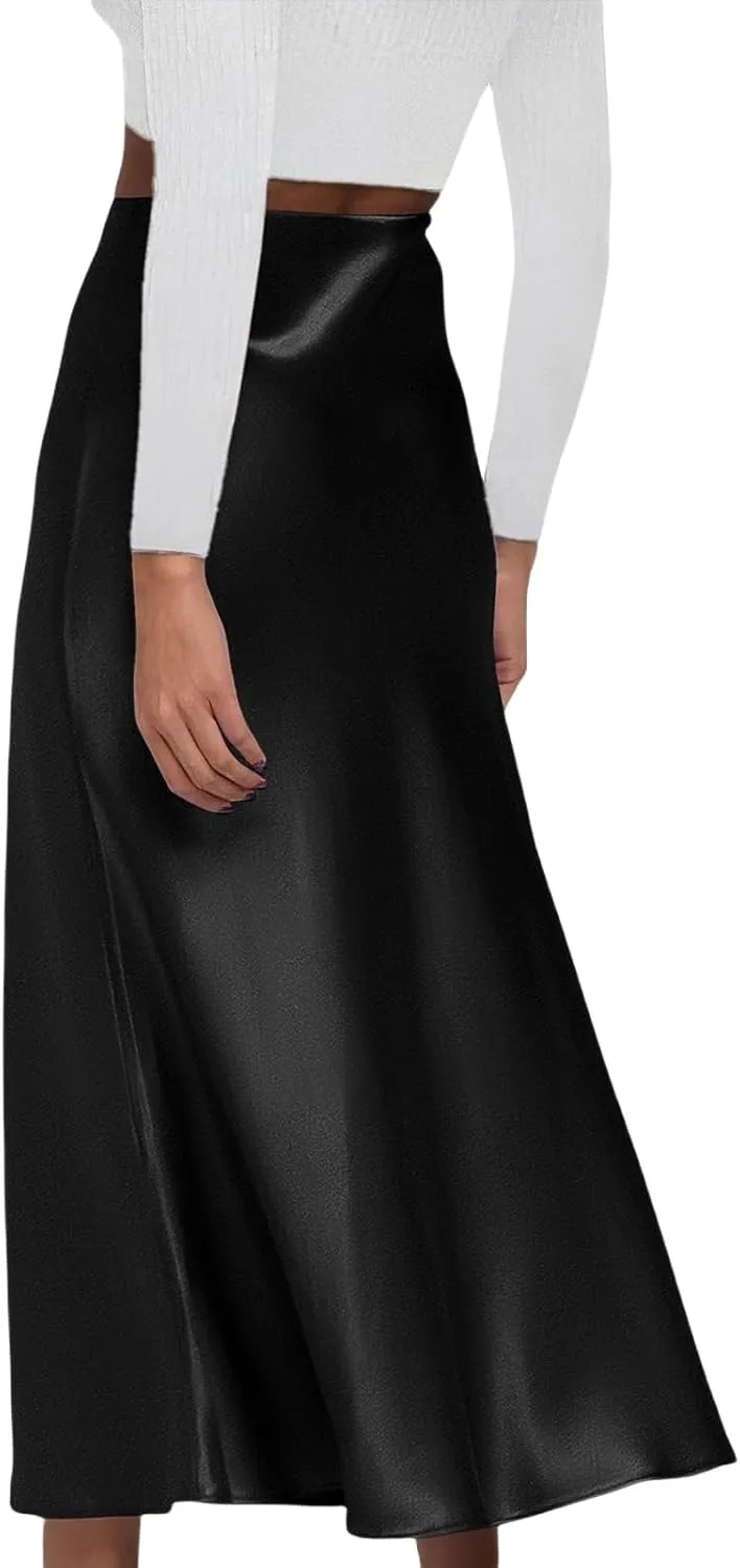 Womens Satin Maxi Skirts Summer Casual Silk Elastic High Waisted Skirt Fashion Flowy Solid Color Flared A-Line Skirt