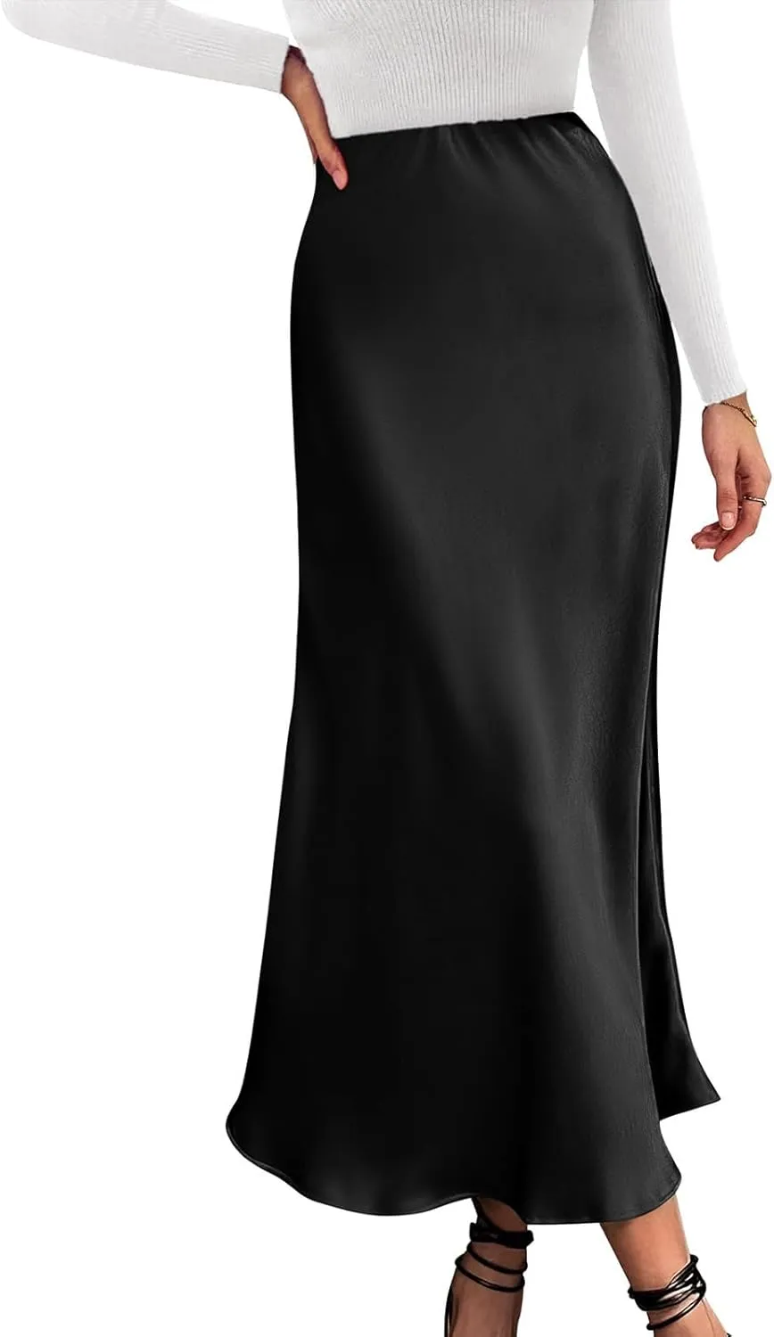 Womens Satin Maxi Skirts Summer Casual Silk Elastic High Waisted Skirt Fashion Flowy Solid Color Flared A-Line Skirt