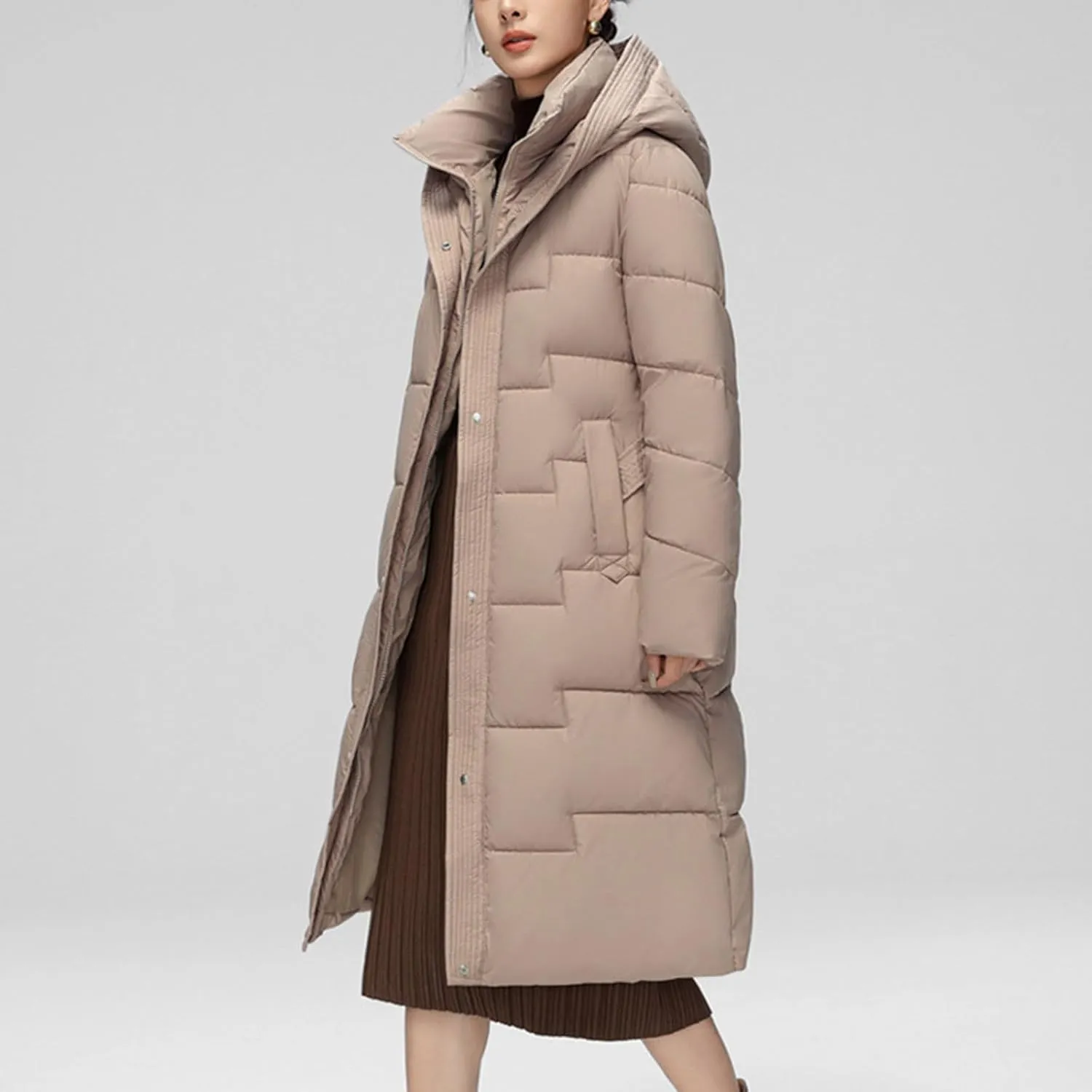 Women's Winter Down Jacket Mid Length Lightweight Oversized Puffer Jacket Hooded Zipper Warm Padded Coat With Pockets