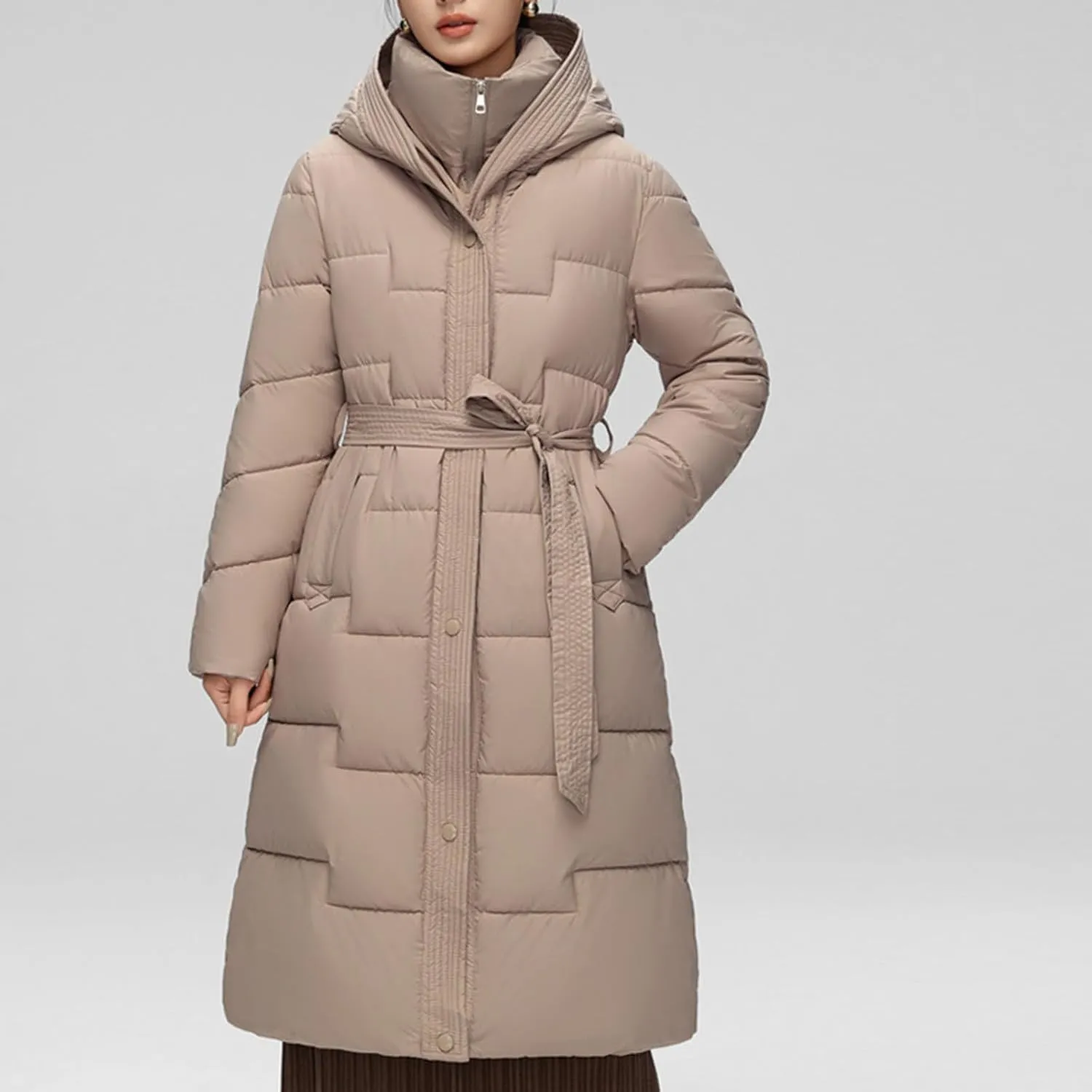 Women's Winter Down Jacket Mid Length Lightweight Oversized Puffer Jacket Hooded Zipper Warm Padded Coat With Pockets