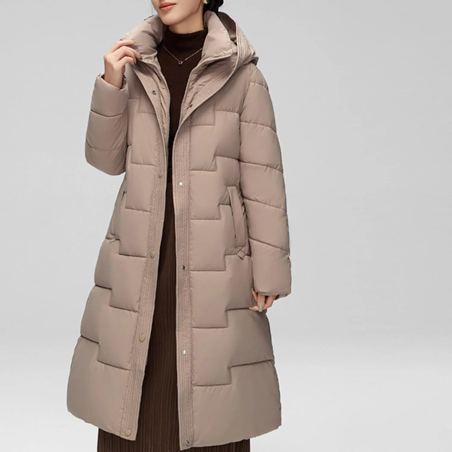 Women's Winter Down Jacket Mid Length Lightweight Oversized Puffer Jacket Hooded Zipper Warm Padded Coat With Pockets