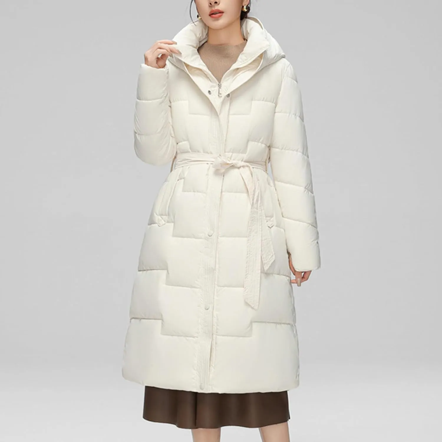 Women's Winter Down Jacket Mid Length Lightweight Oversized Puffer Jacket Hooded Zipper Warm Padded Coat With Pockets