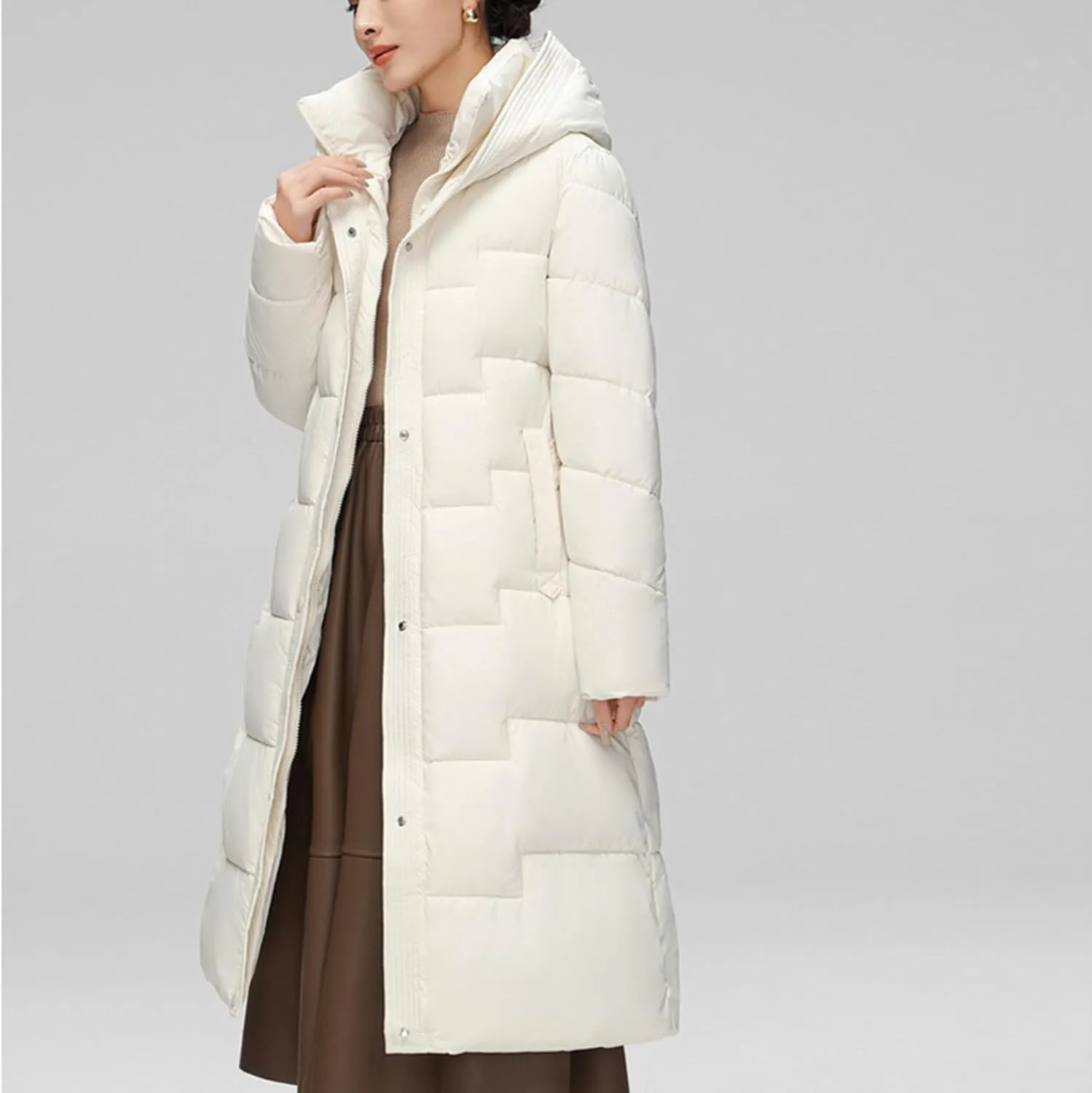 Women's Winter Down Jacket Mid Length Lightweight Oversized Puffer Jacket Hooded Zipper Warm Padded Coat With Pockets