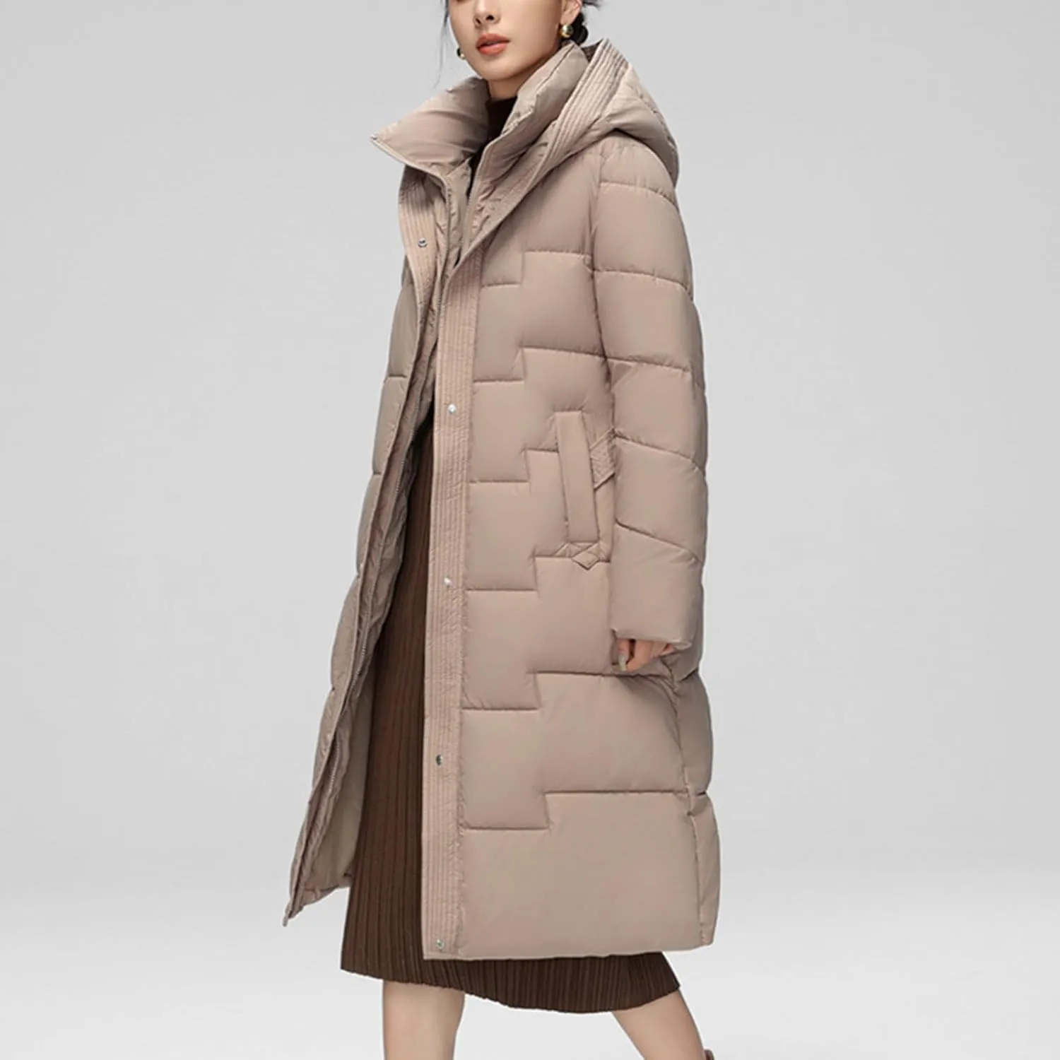 Women's Winter Down Jacket Mid Length Lightweight Oversized Puffer Jacket Hooded Zipper Warm Padded Coat With Pockets