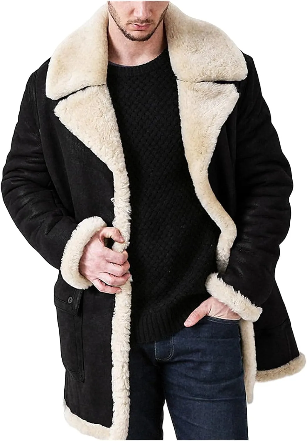 ZWRXW Mens Faux Fur Suede Leather Coat Lapel Sherpa Lined Fleece Shearling Jacket Winter Thicken Warm B3 Bomber Outwear